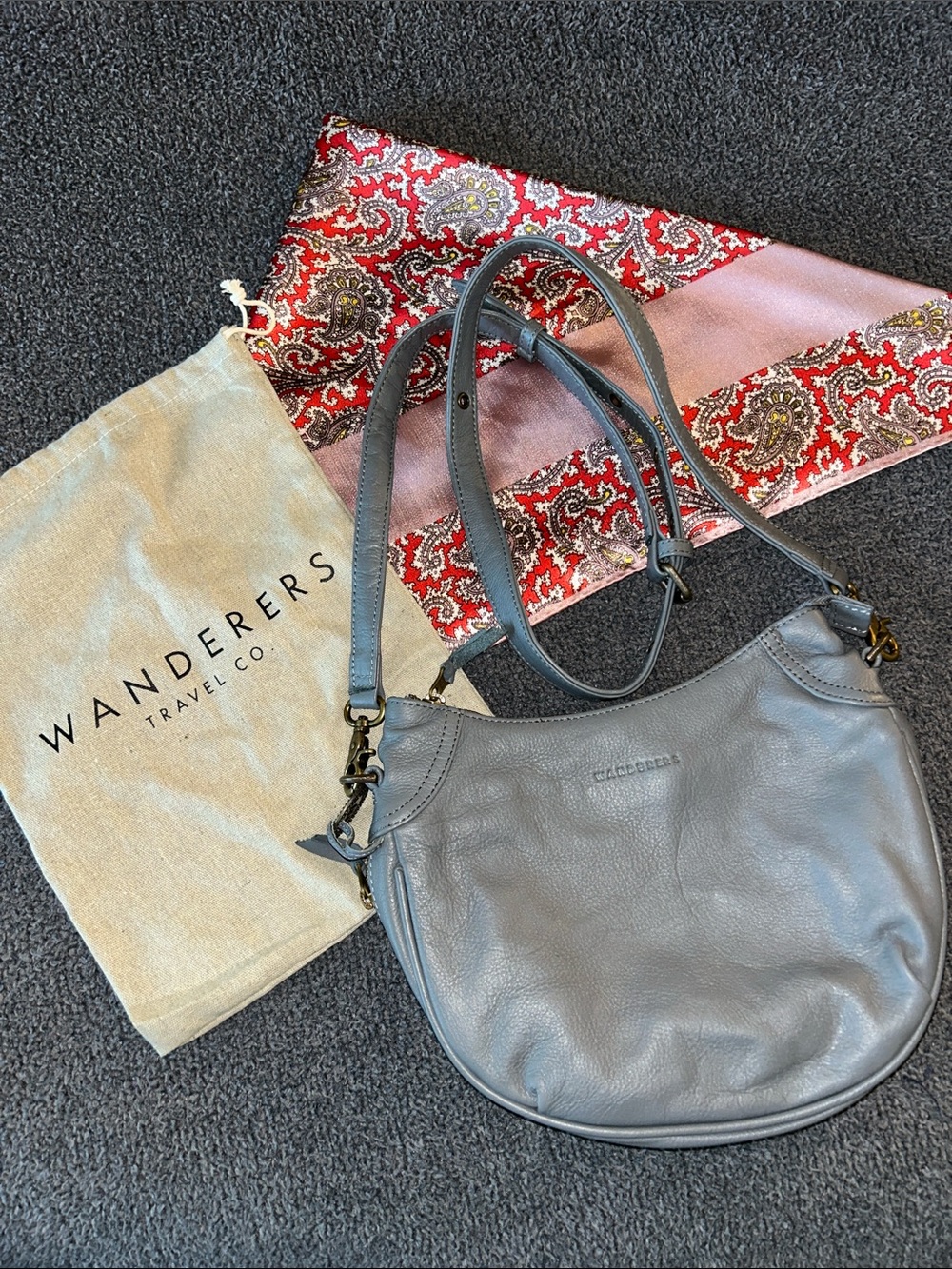 Wanderers Gray Leather crossbody Bag with Adjustable Strap w/vintage scarf Inc